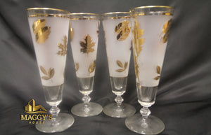 Vintage Frosted Gold Leaf Pedestal Glass Set